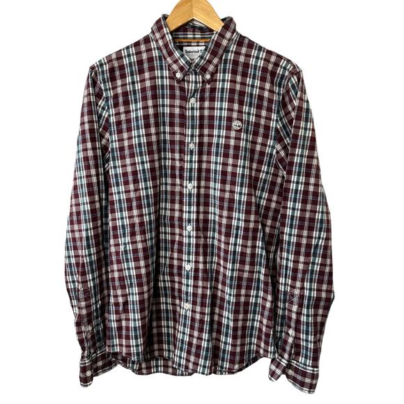 TIMBERLAND Slim-Fit Maroon Plaid Button-Up Long Sleeve Shirt Men's Medium - Picture 1 of 7